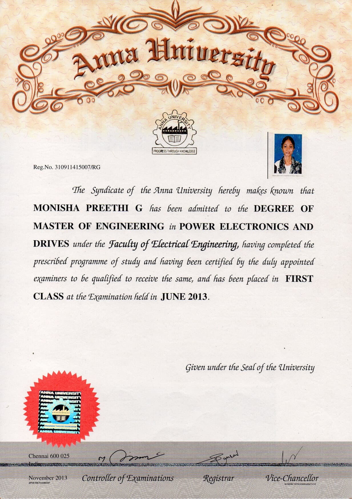 Monisha Preethi graduated from Jerusalem engineering college