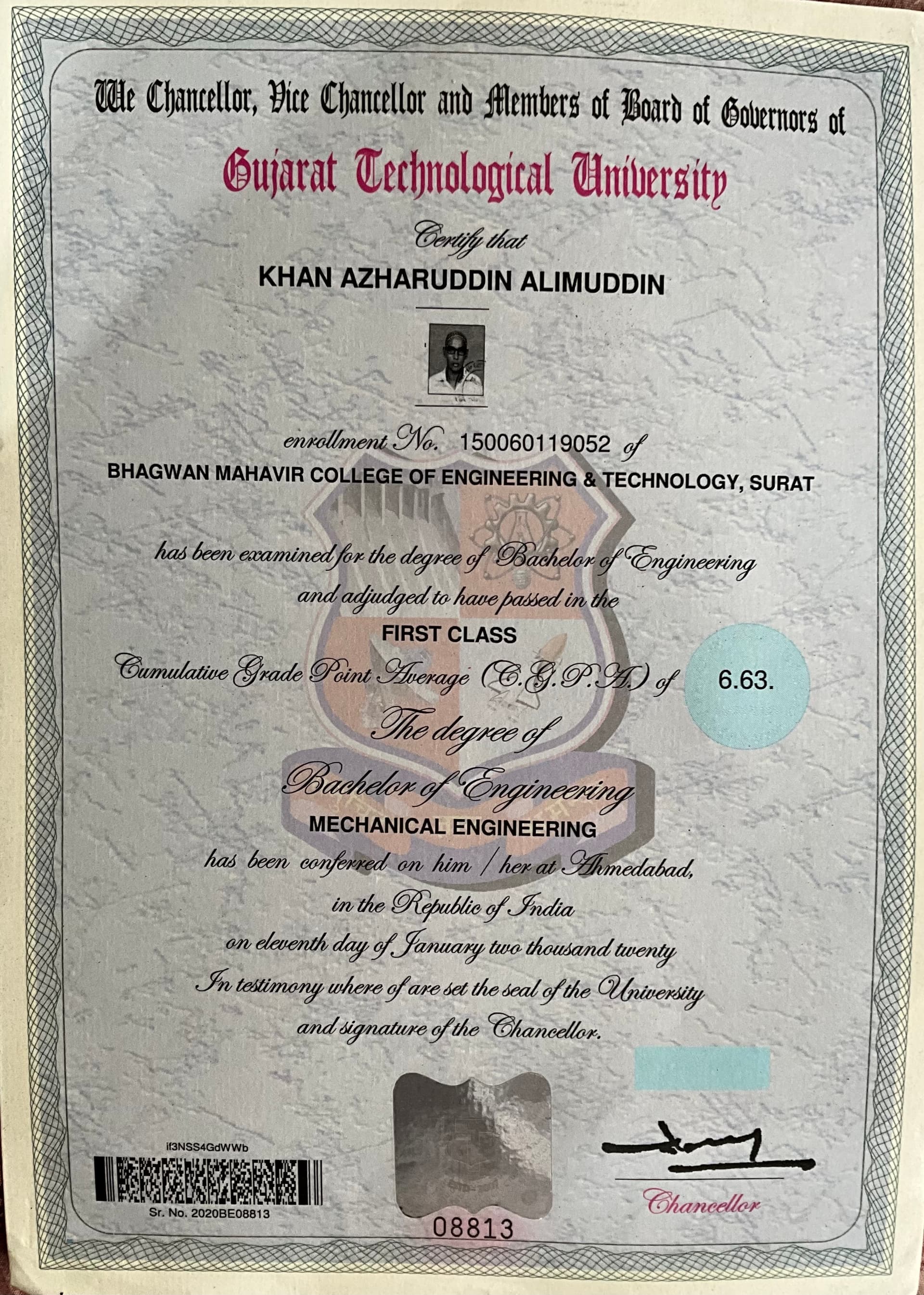 Khan graduated from Gujarat Technological University