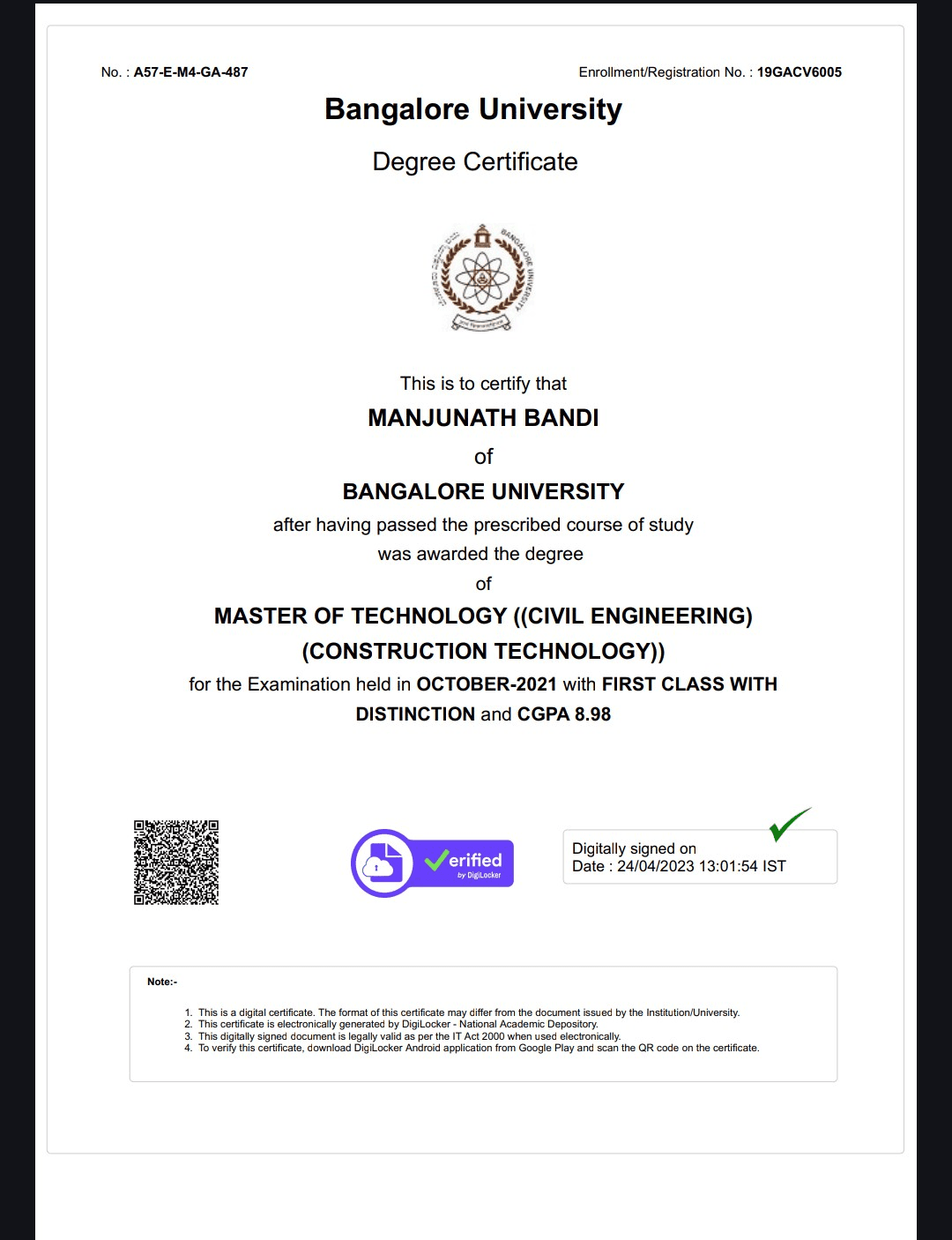 Manjunath graduated from PES University, Bengaluru