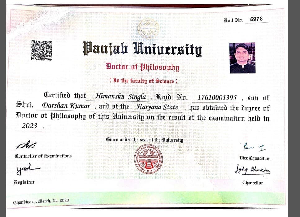 Himanshu graduated from panjab University, Chandiagrh