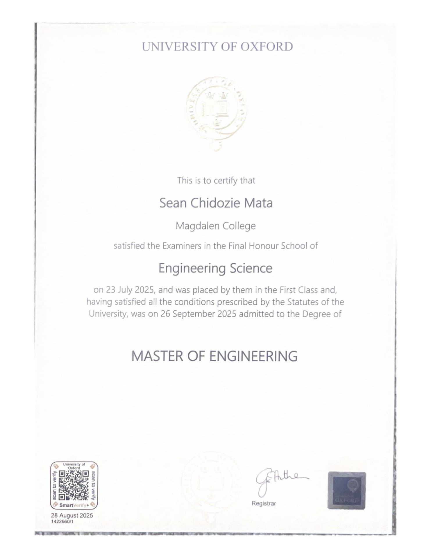 Sean graduated from University of Oxford