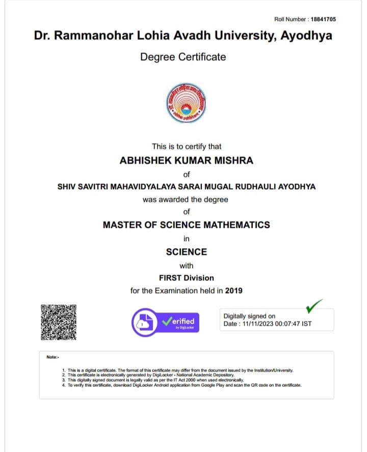 Abhishek graduated from Dr Ram Manohar Lohia Awadh University Ayodhya