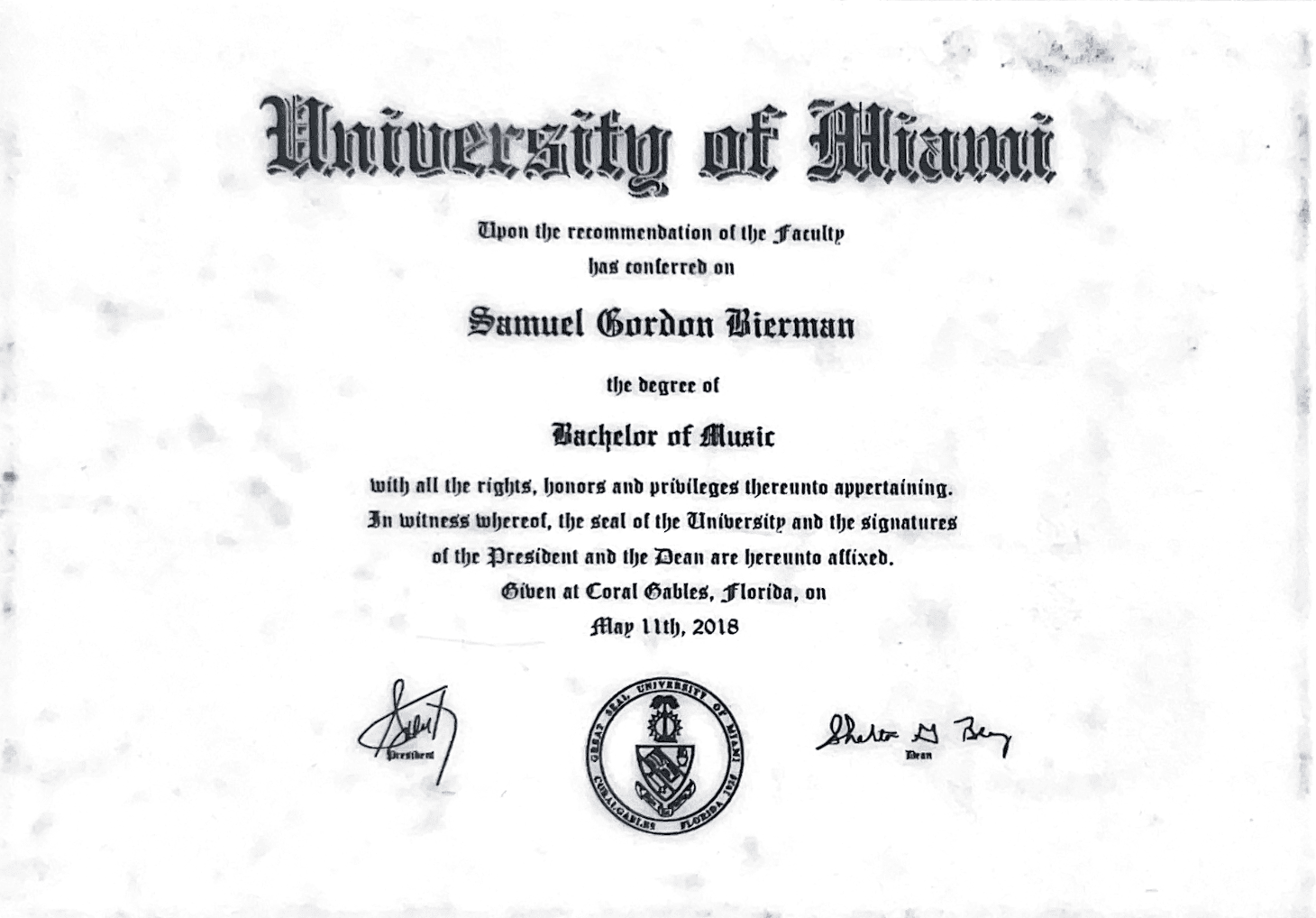 Sam graduated from University Of Miami