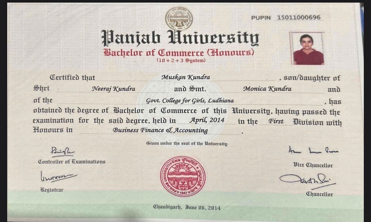 Muskan graduated from Government college for girls, Ludhiana, Punjab