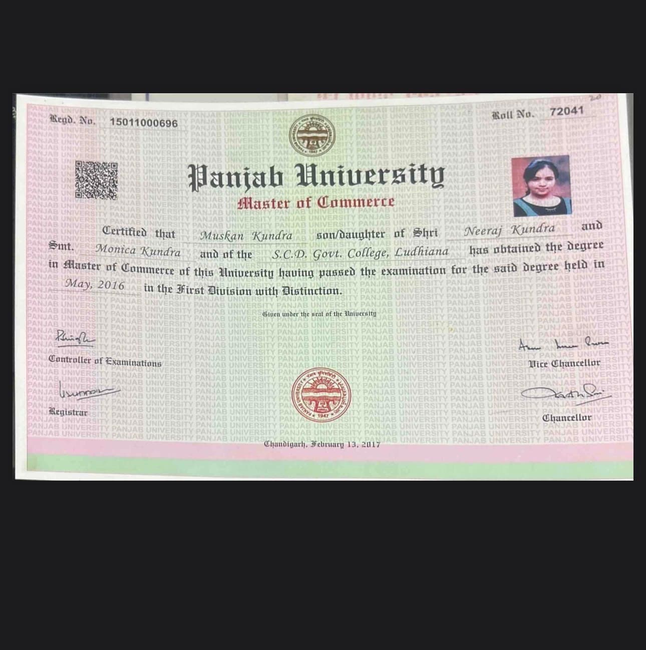 Muskan graduated from Government college for girls, Ludhiana, Punjab