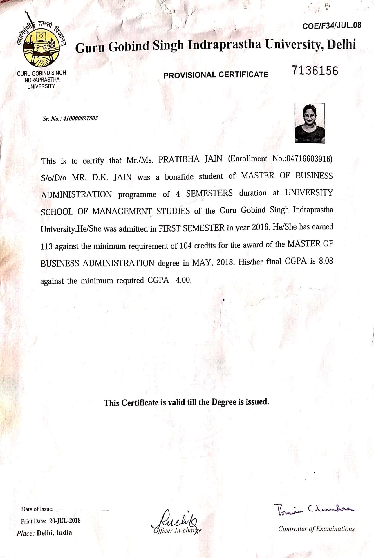 Pratibha graduated from Guru Gobind Singh Indraprastha University