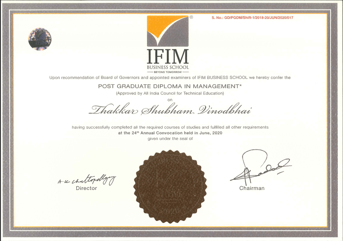Shubham graduated from IFIM B School