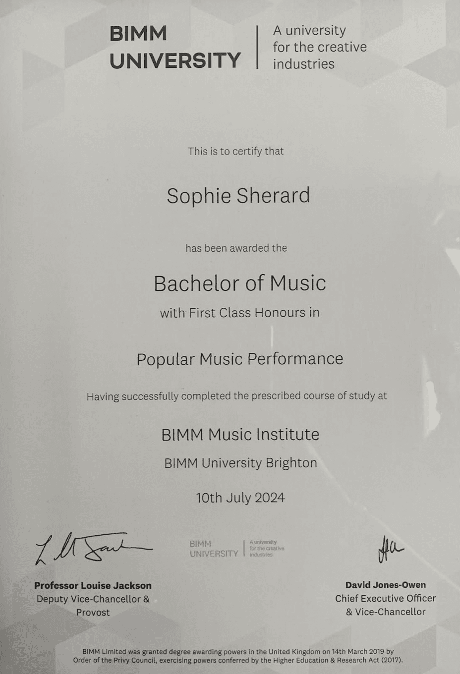 Sophie graduated from BIMM