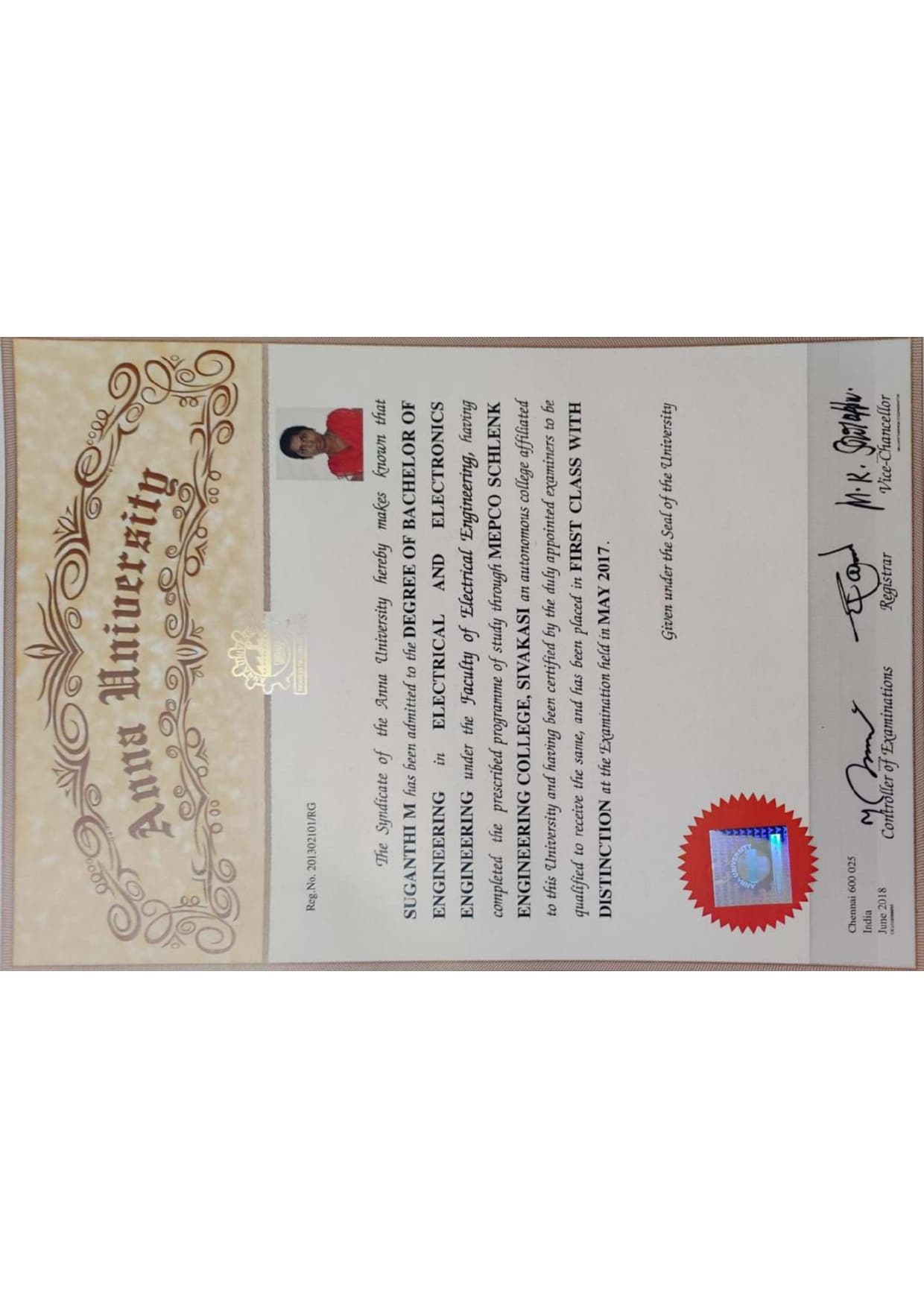 Suganthi graduated from Mepco Schlenk Engineering College