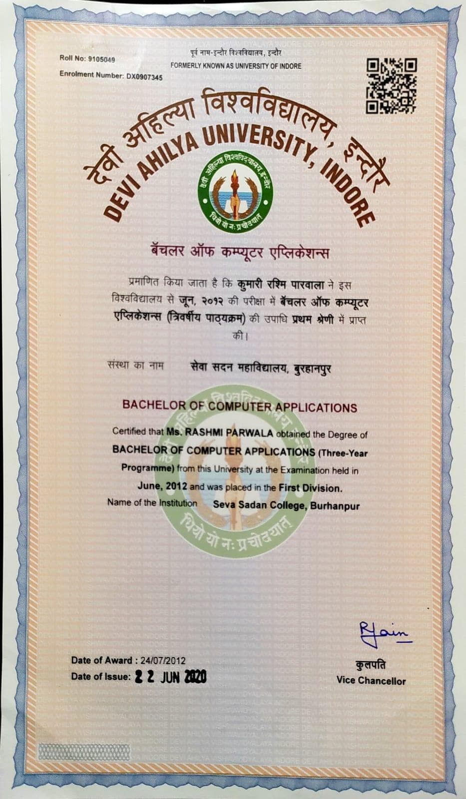 Rashmi graduated from DAVV