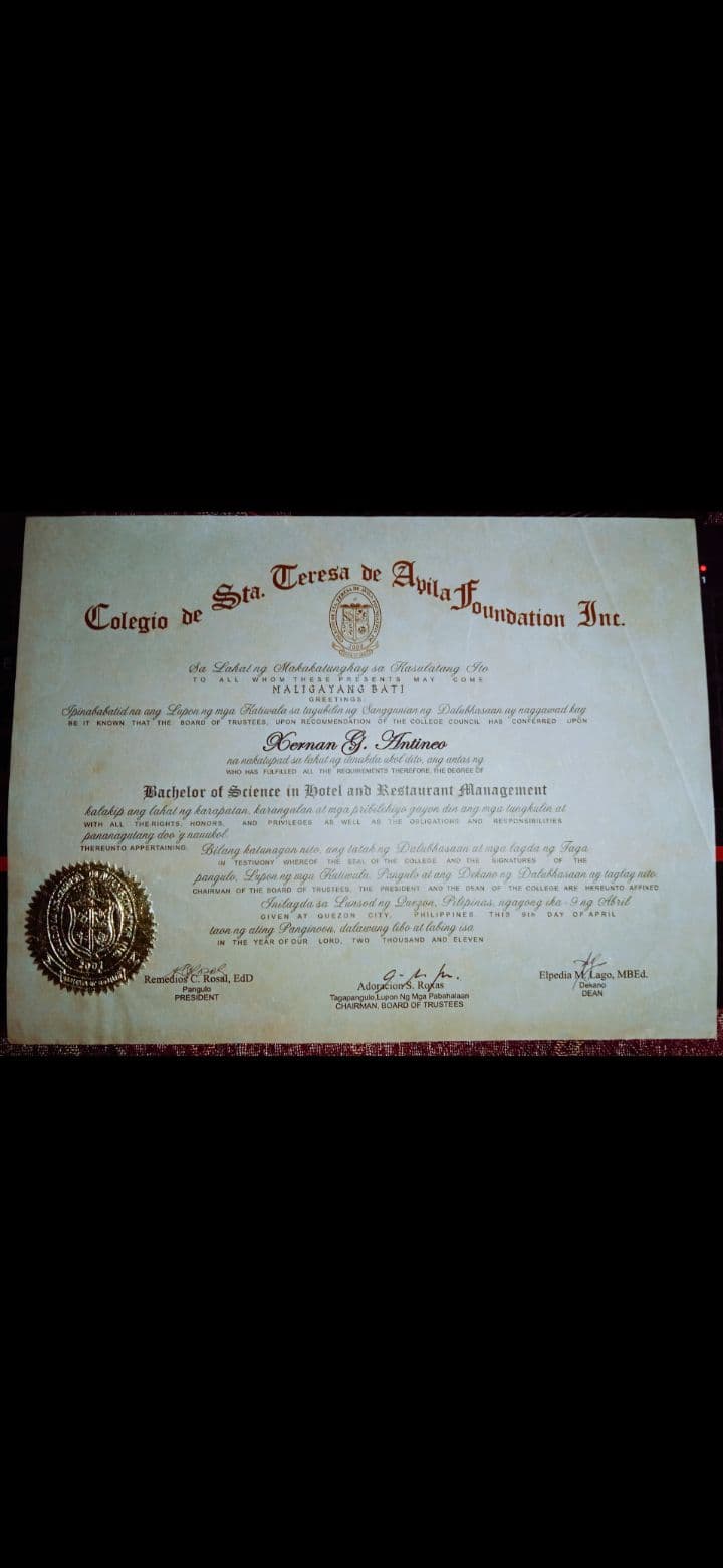 Xernan graduated from Collegio De Sta Theresa De Avila