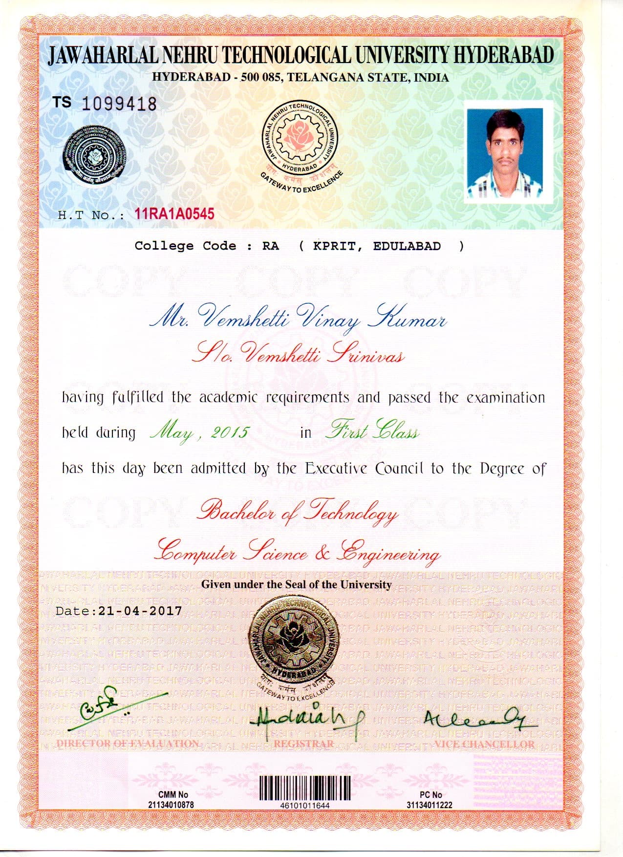 Vinay Kumar graduated from JNTUH