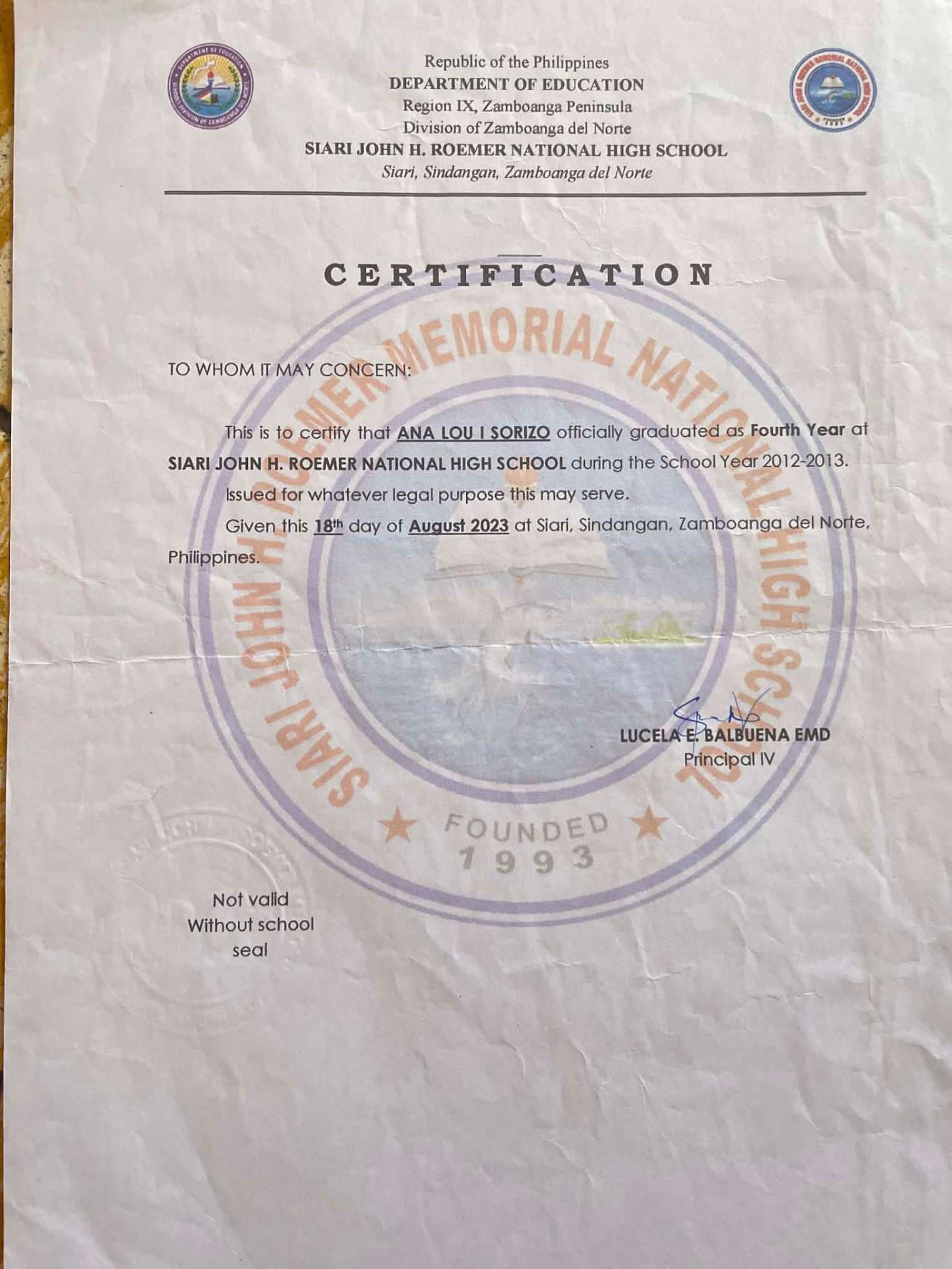 Ana Lou graduated from Saint Joseph College of Sindangan
