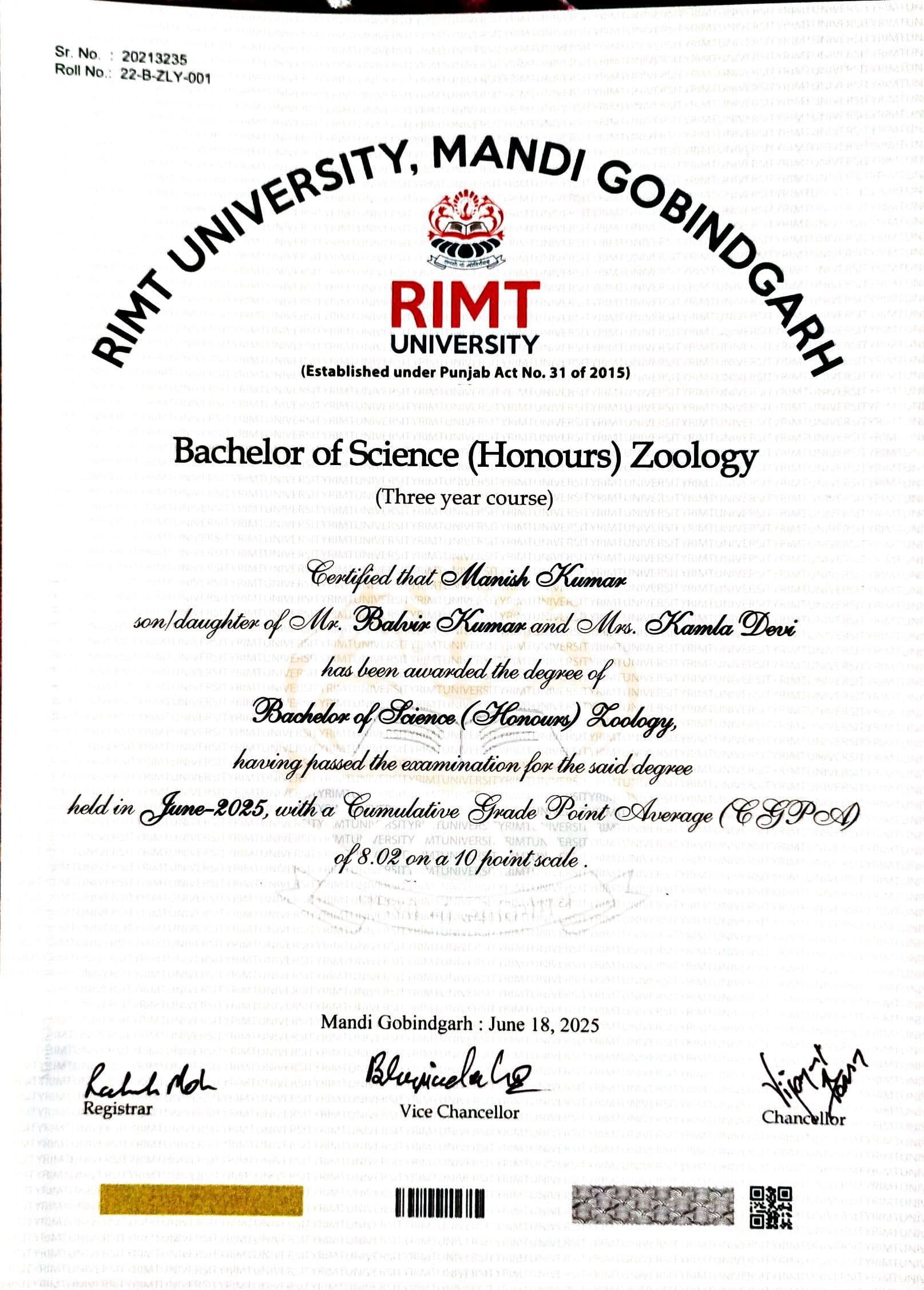 Manish graduated from RIMT University