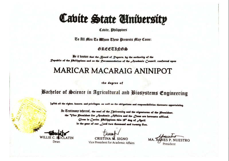 MARICAR graduated from Cavite State University, Philippines