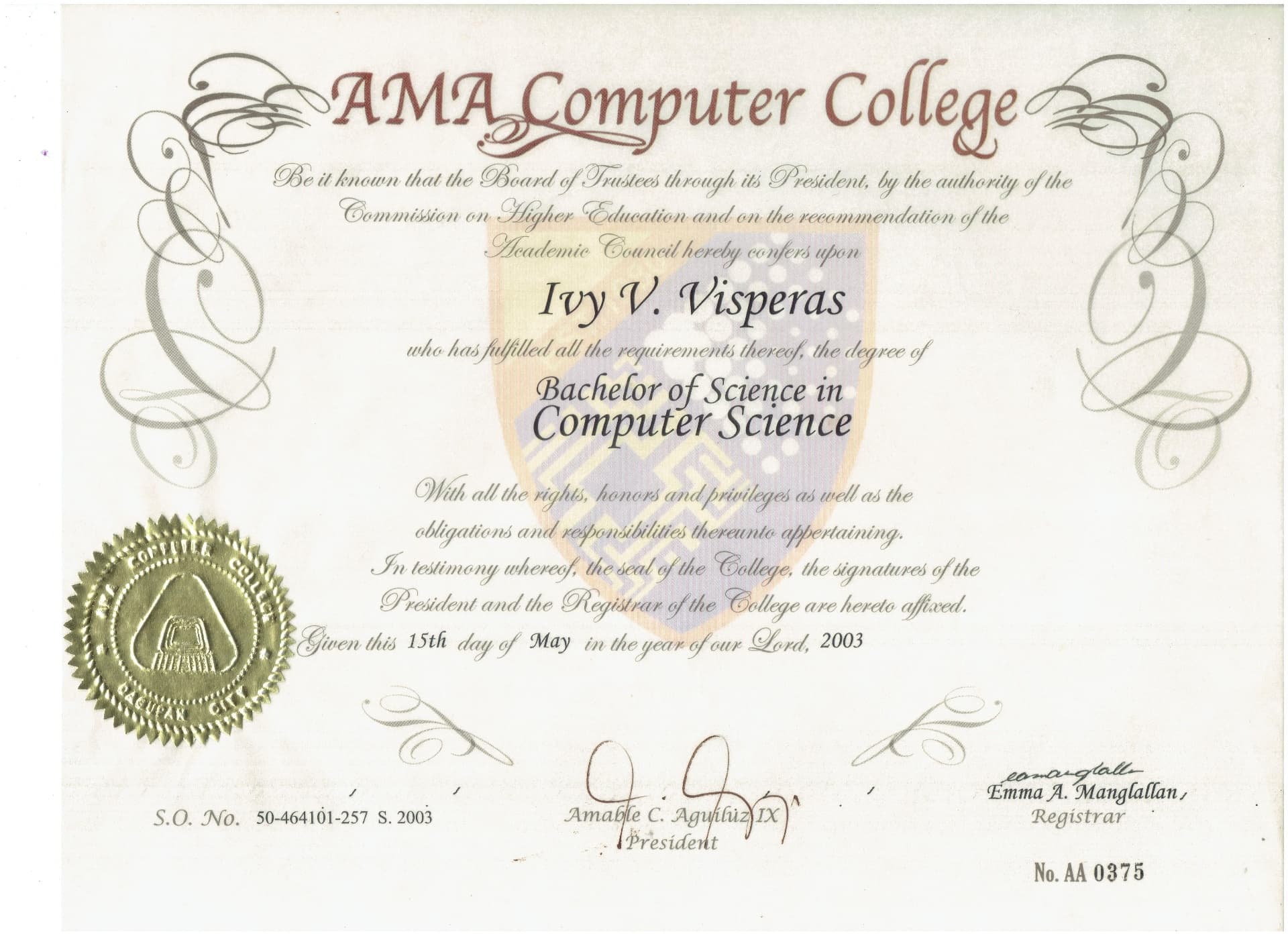 Ivy graduated from AMA Computer College