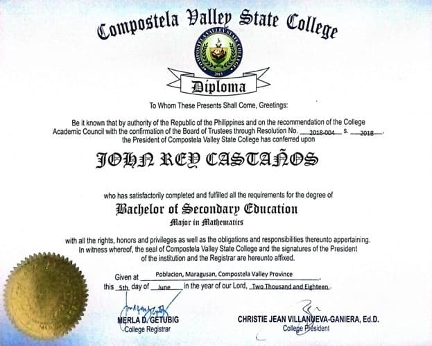 John Rey graduated from Davao Oriental State University