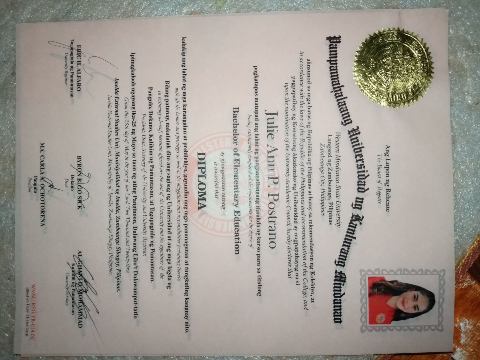 Julie Ann graduated from Western Mindanao State University