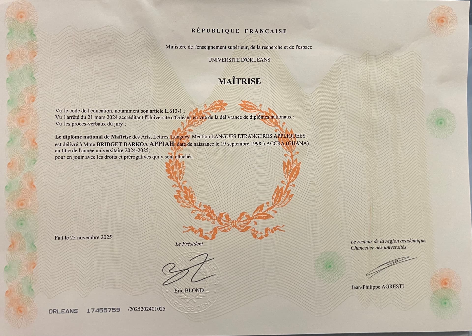 Bridget graduated from Université d'Orléans