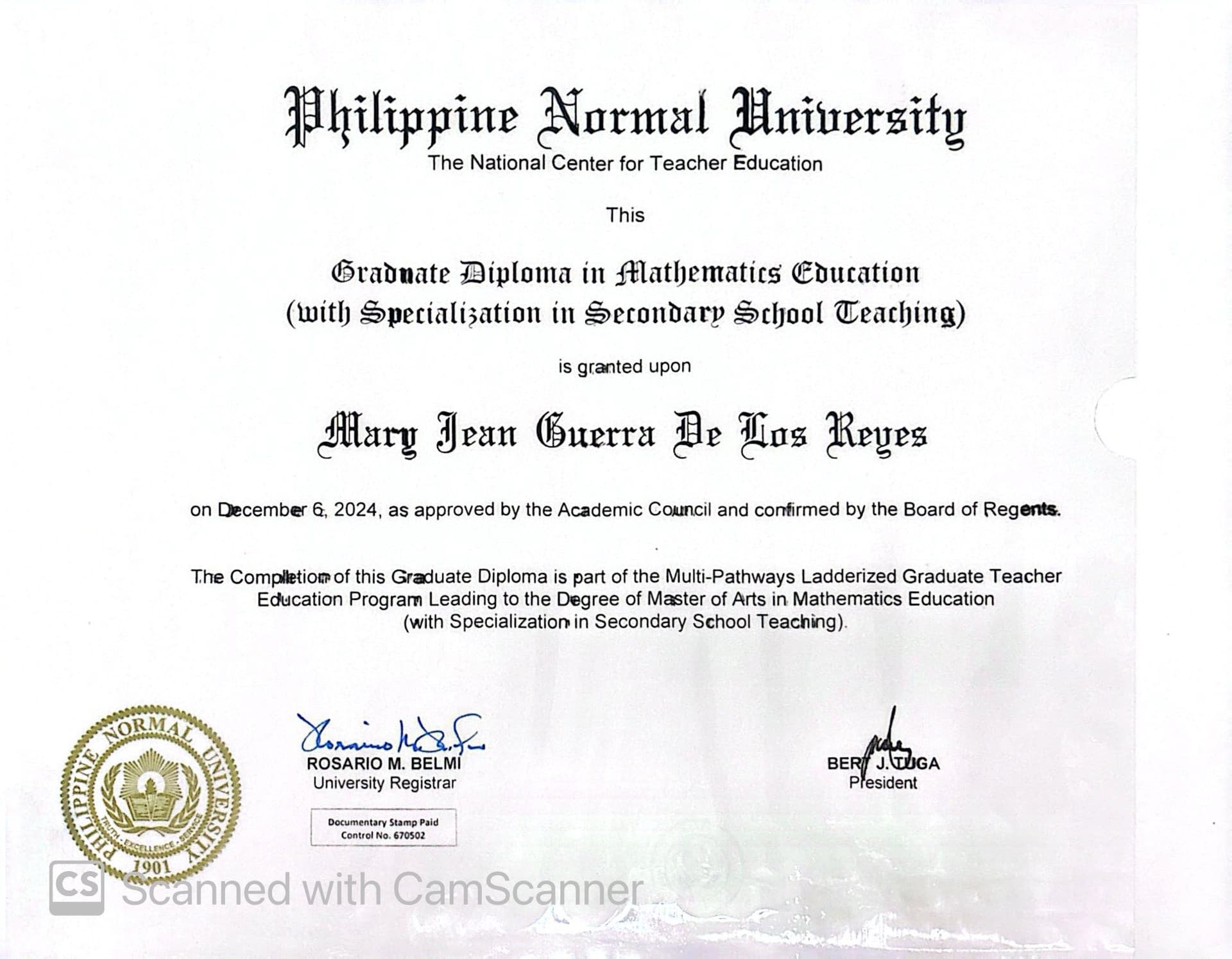 Mary Jean graduated from Philippine Normal University
