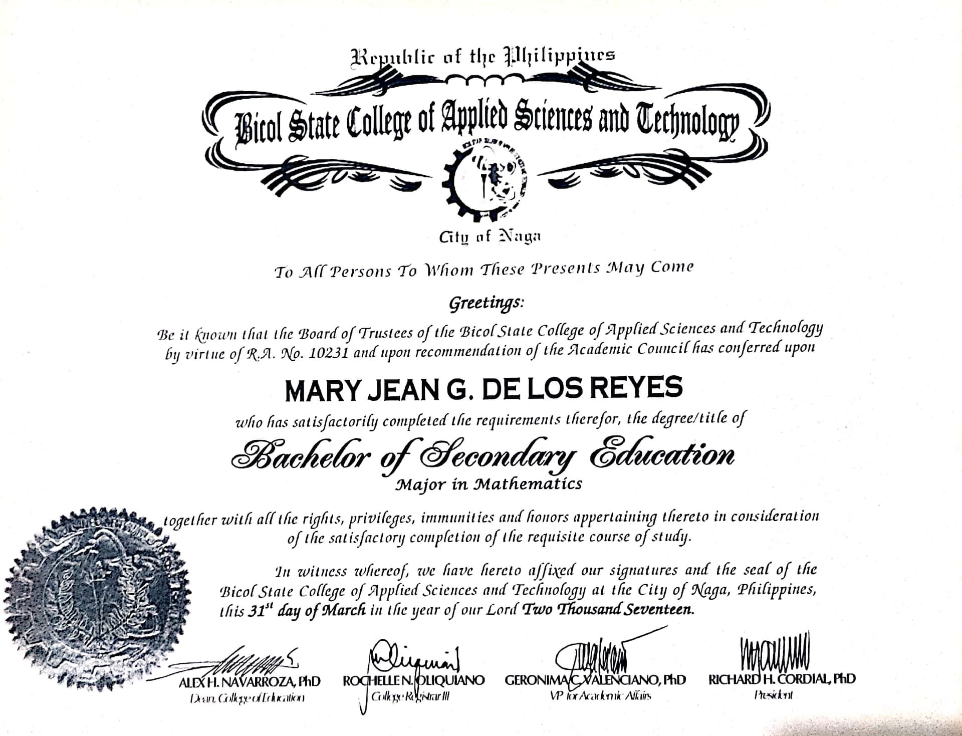 Mary Jean graduated from Philippine Normal University