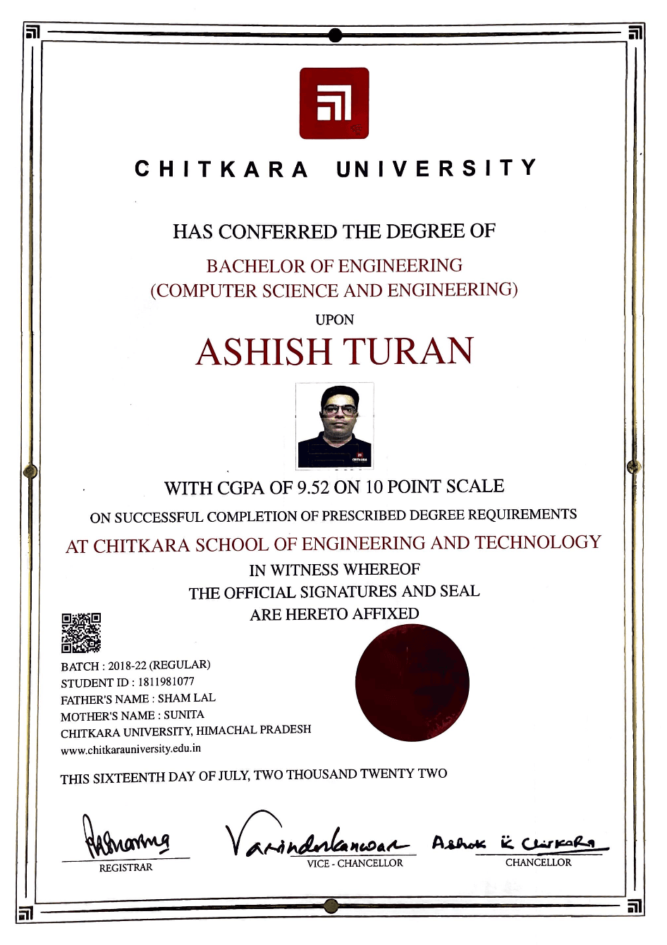 Verified degree or teaching certification of Ashish