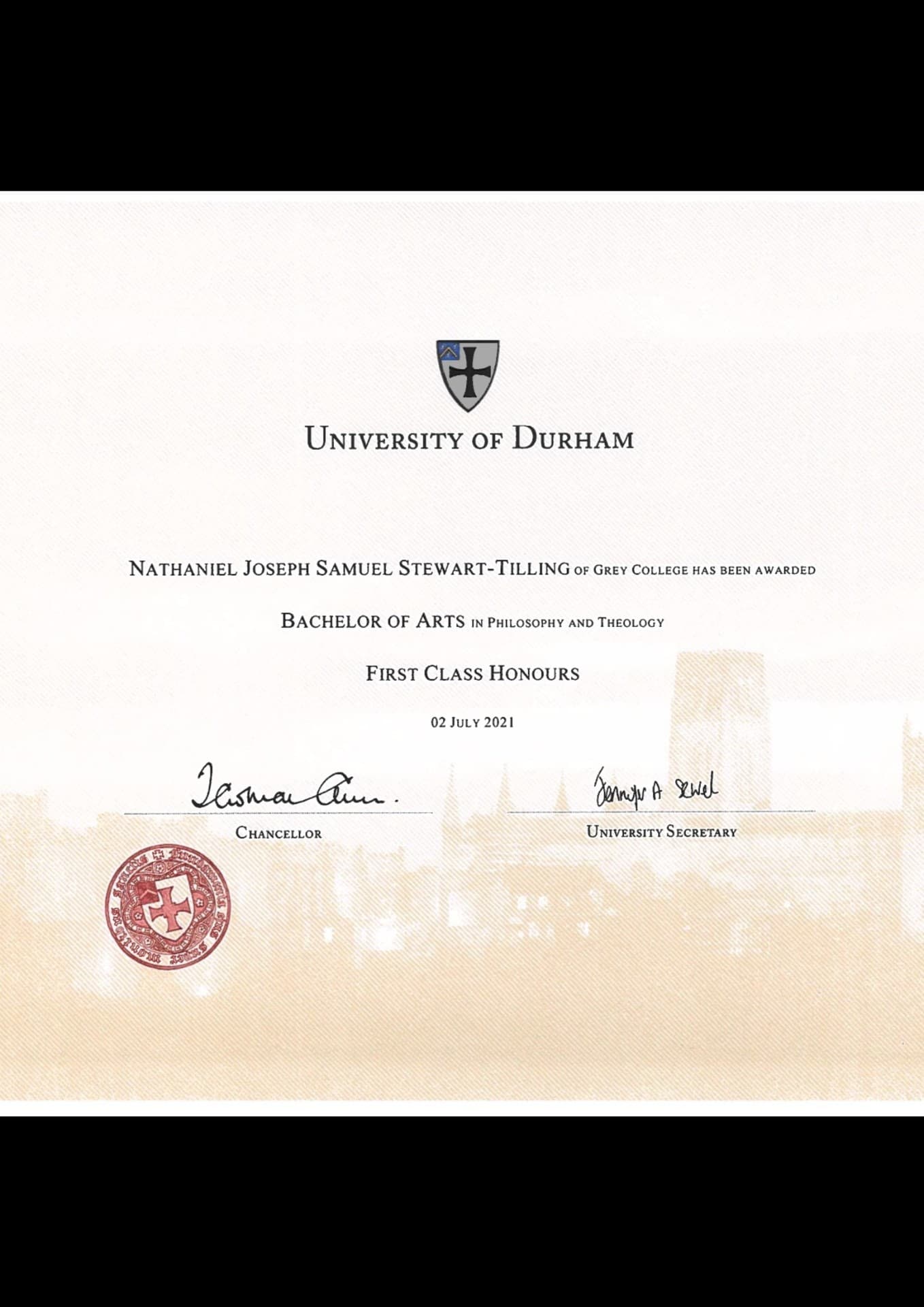 Nathaniel graduated from Durham University