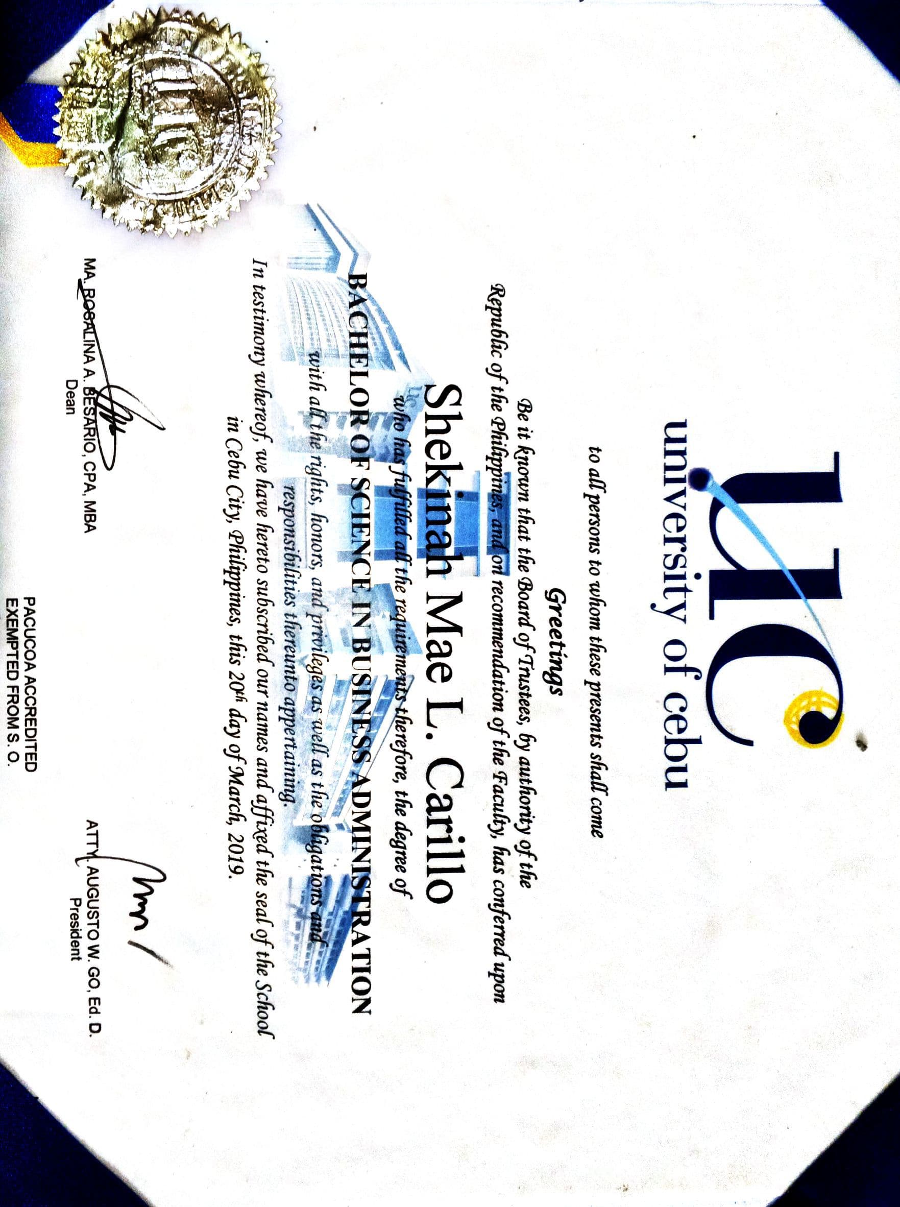 Shekinah Mae graduated from University of Cebu