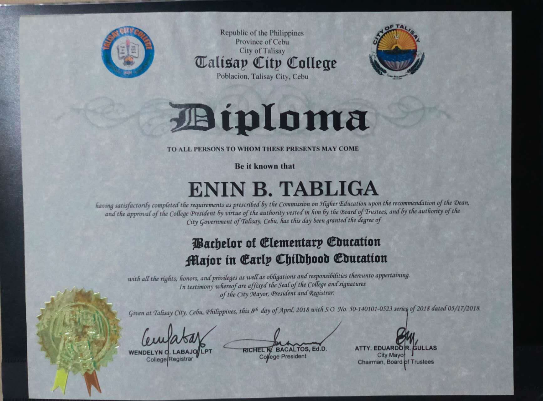 Enin graduated from Talisay City College