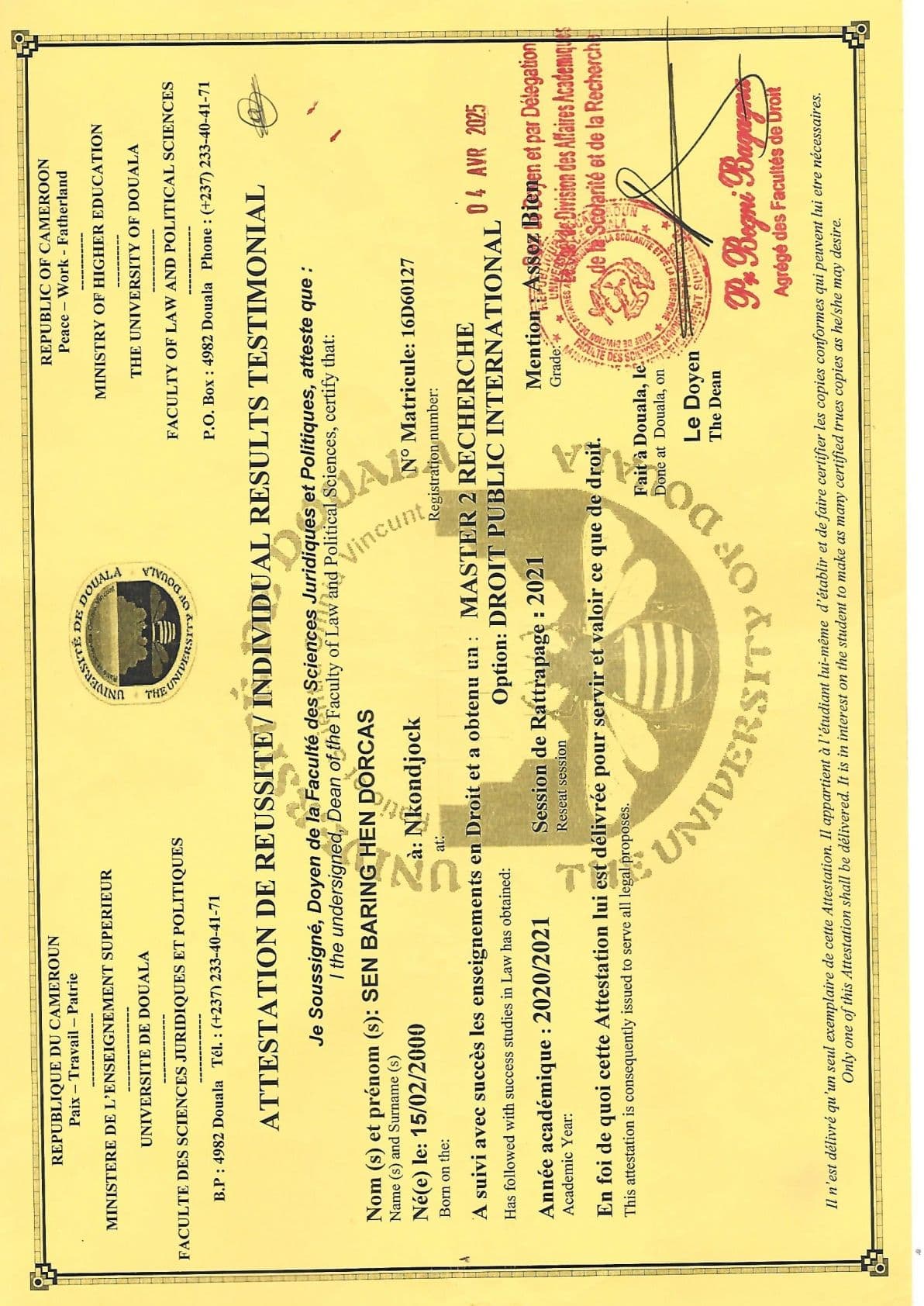 Dorcas graduated from University of Douala