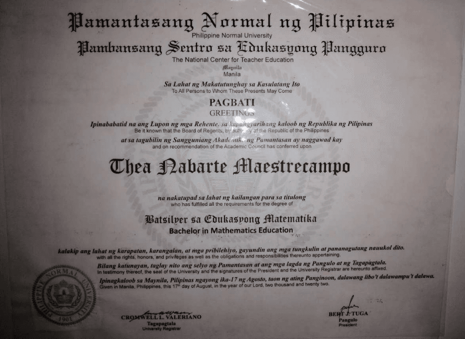 Thea graduated from Philippines