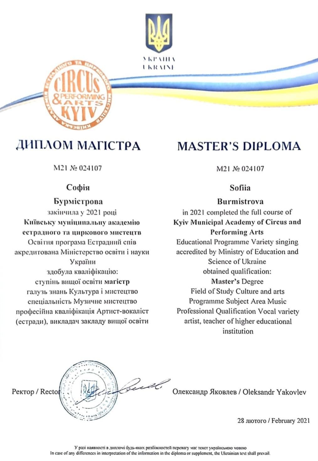 Sofiia graduated from Circus Academy