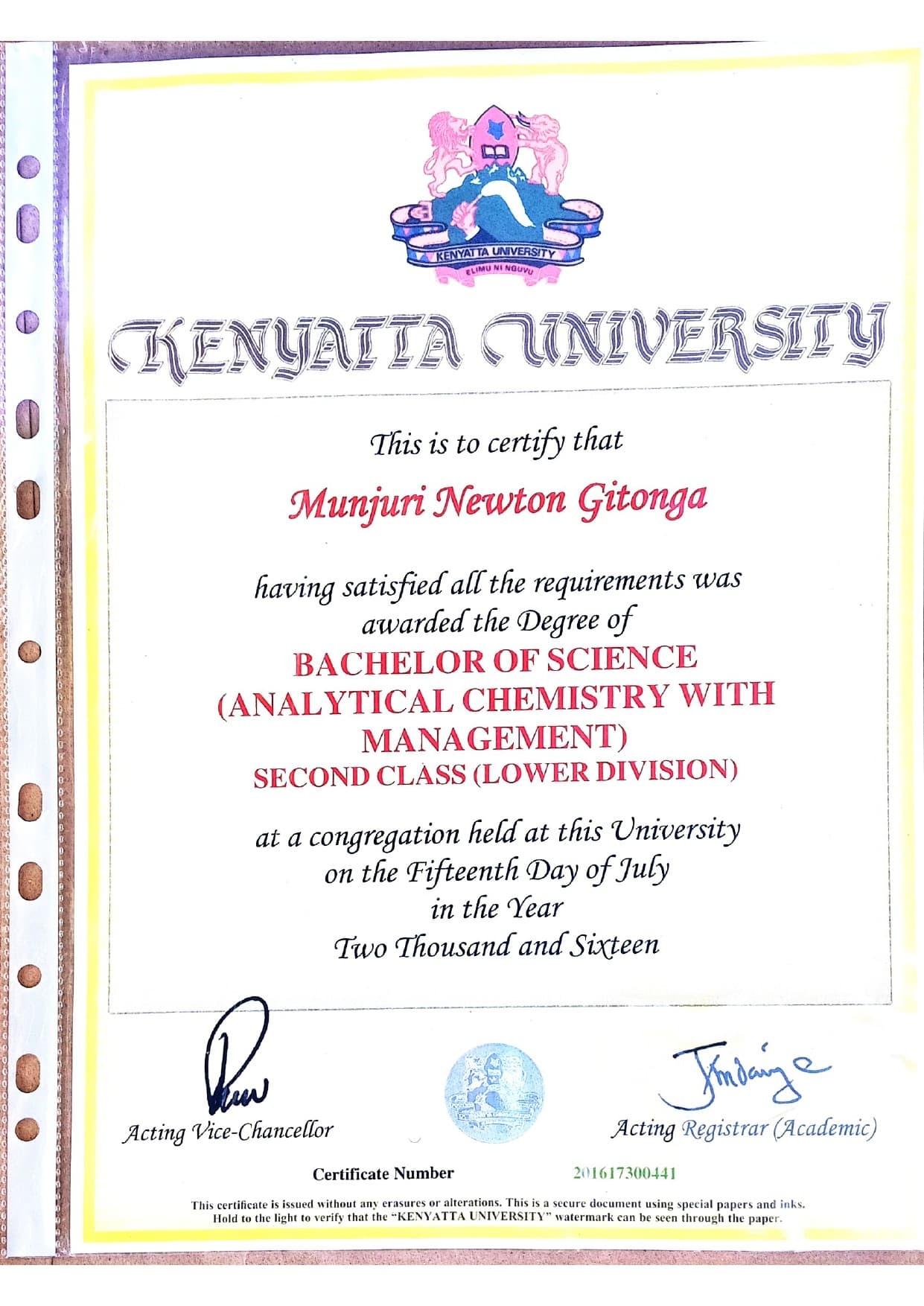 Newton graduated from Kenyatta University