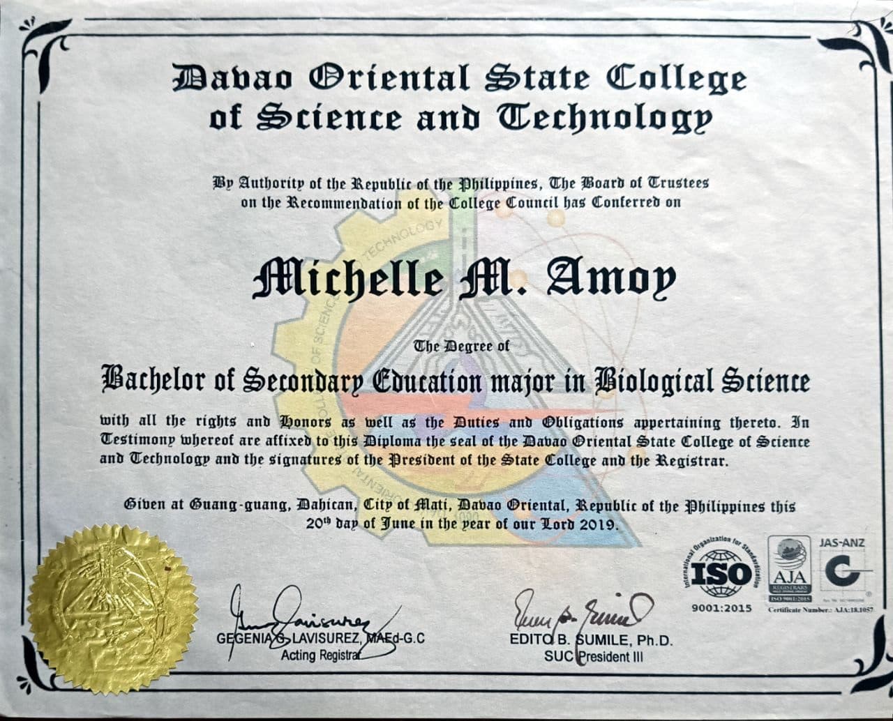 Michelle graduated from davao oriental state university