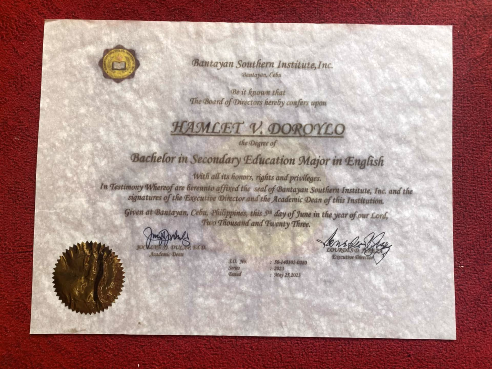 Hamlet graduated from BANTAYAN SOUTHERN INSTITUTE