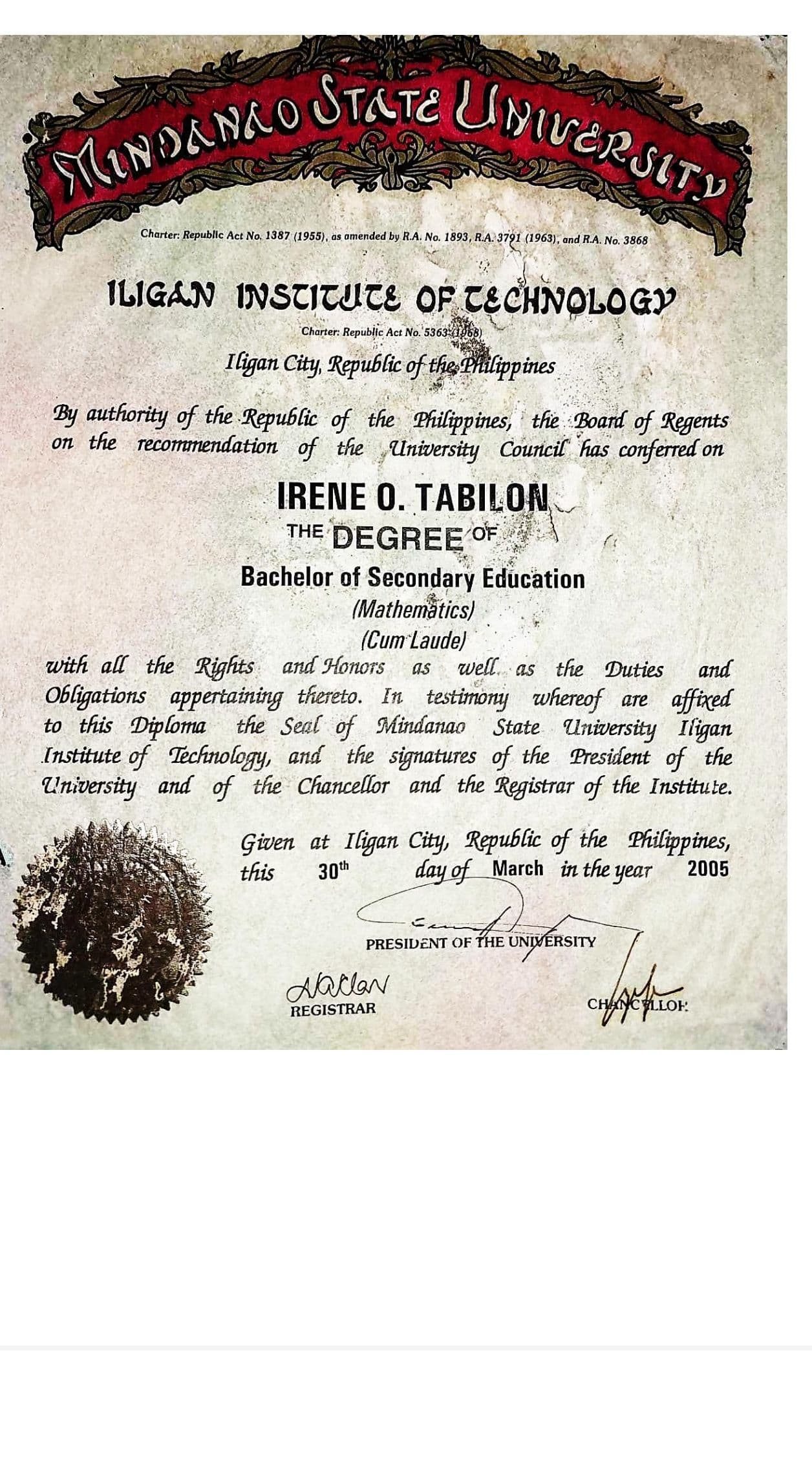 Irene graduated from Mindanao State University Iligan Institute of Technology