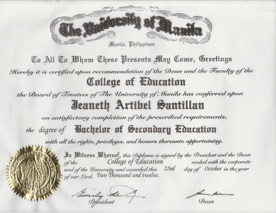 Jeaneth graduated from The University of Manila