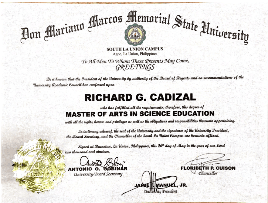 Richard graduated from Don Mariano Marcos Memorial State University