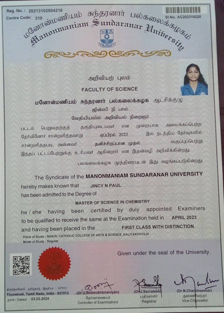 JINCY graduated from MANONMANIAM SUNDARNAR UNIVERSITY