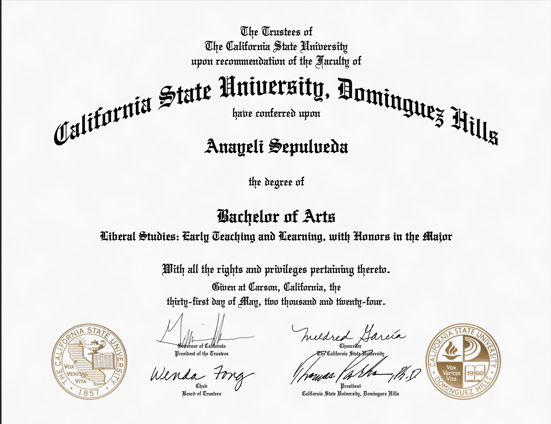 Anayeli graduated from California State University Dominguez Hills