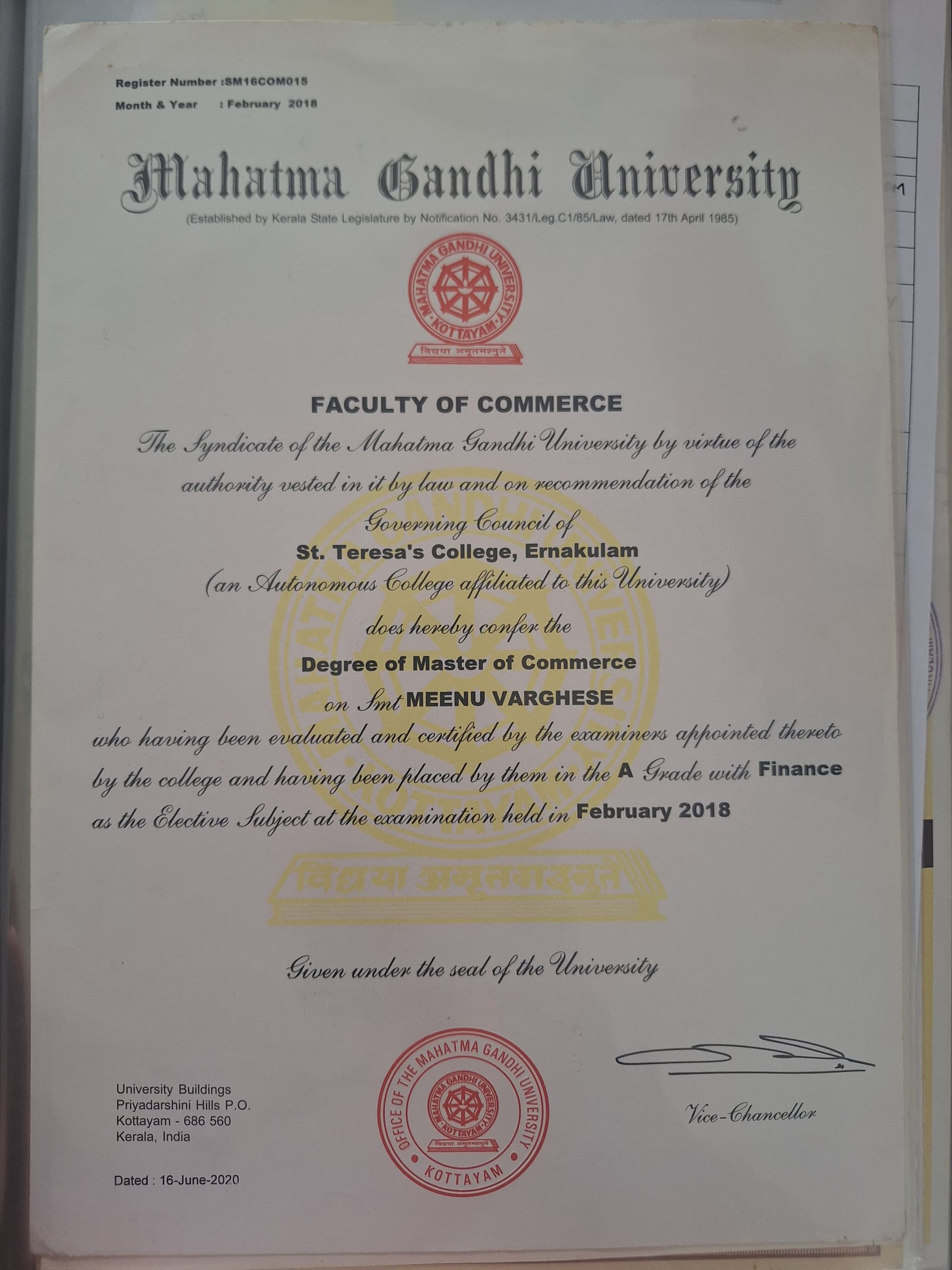 Meenu graduated from MG university