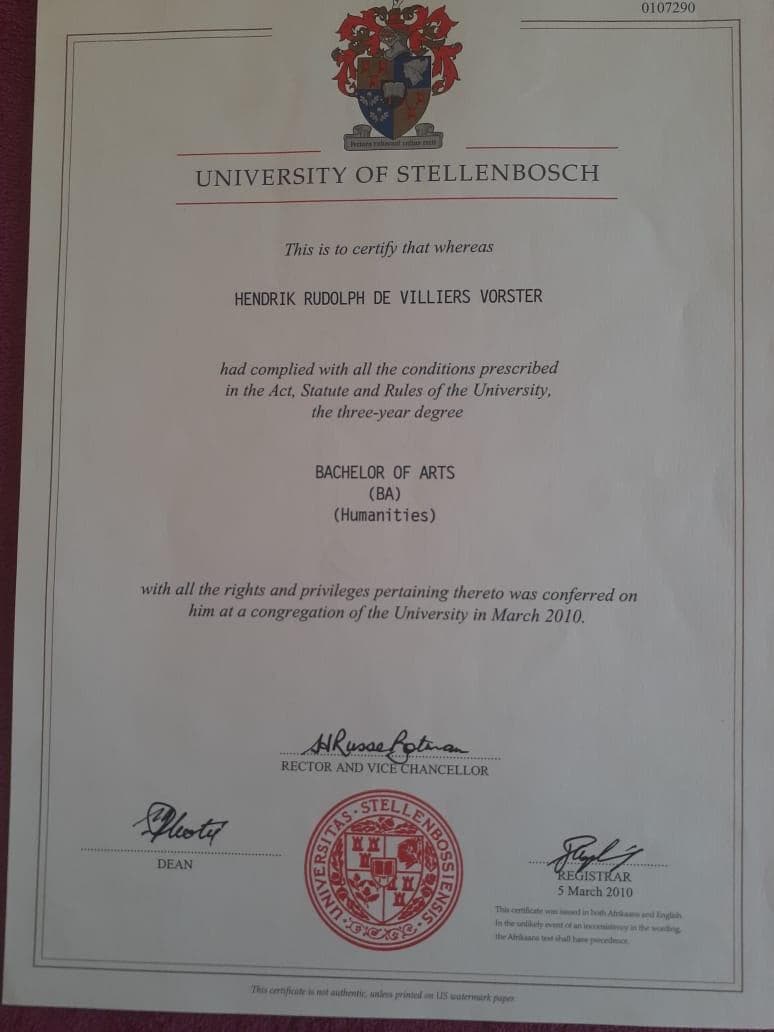 Derick graduated from Stellenbosch University