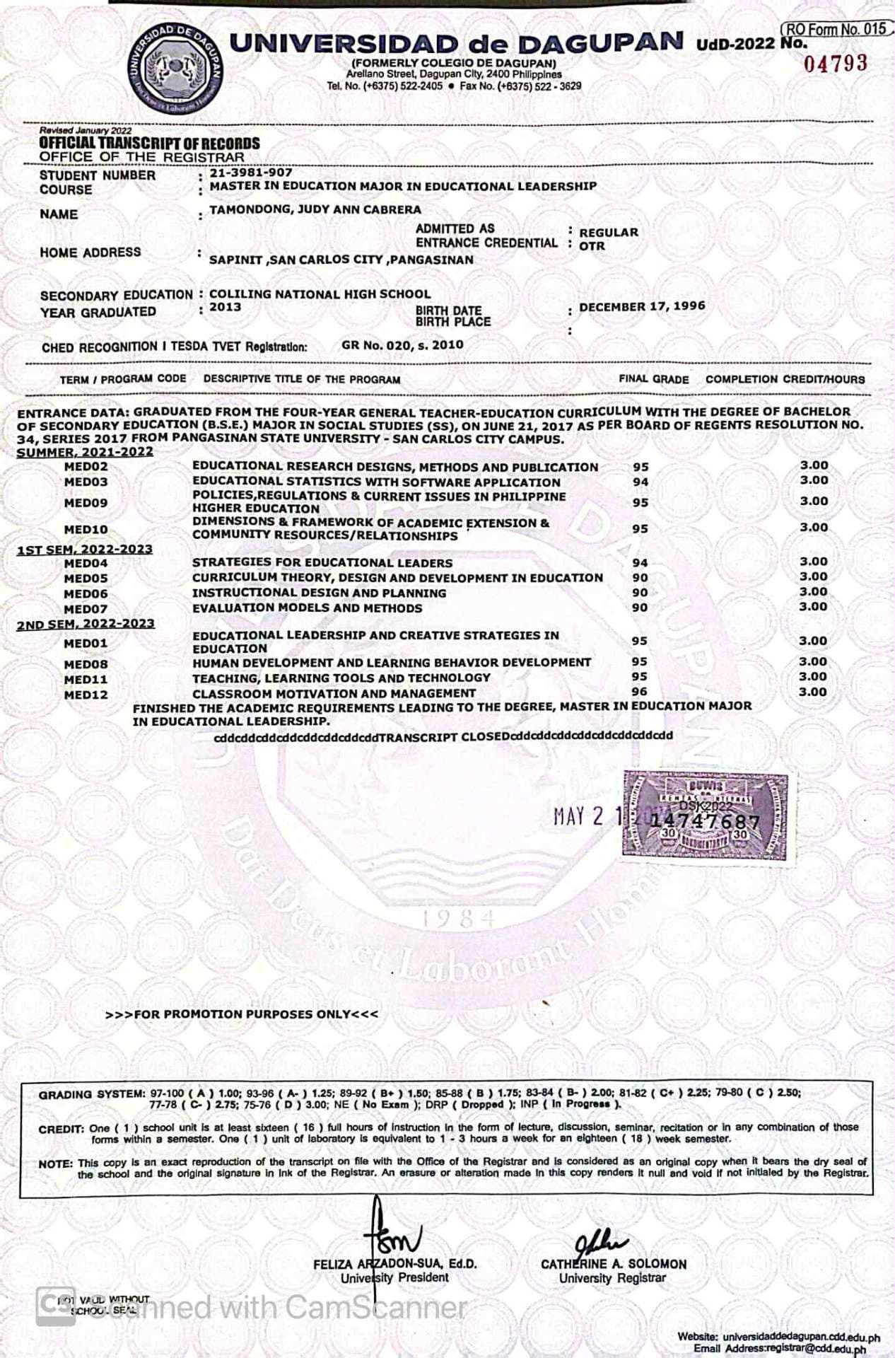 Judy Ann graduated from Unibersidad de Dagupan
