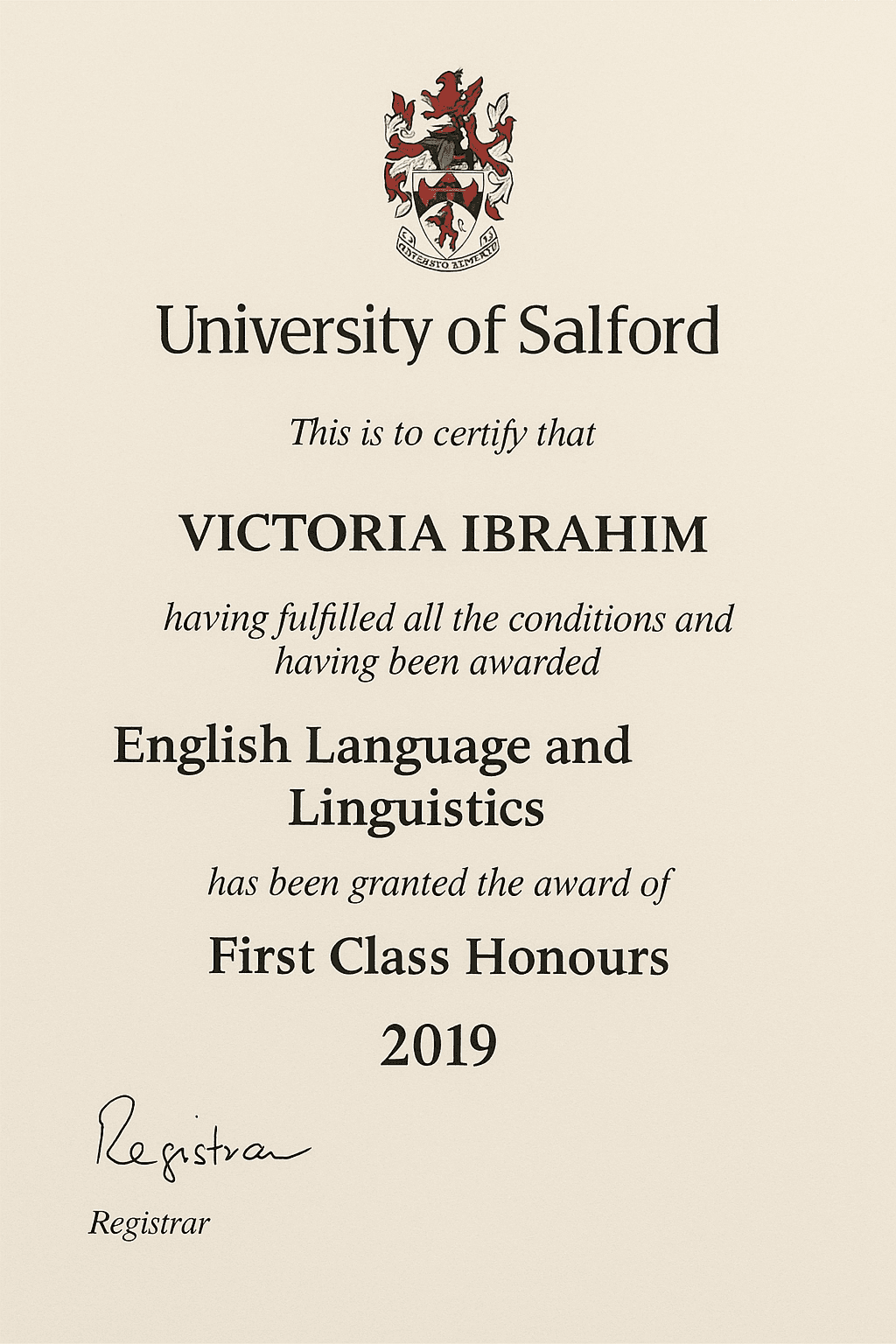 Victoria graduated from University of Salford