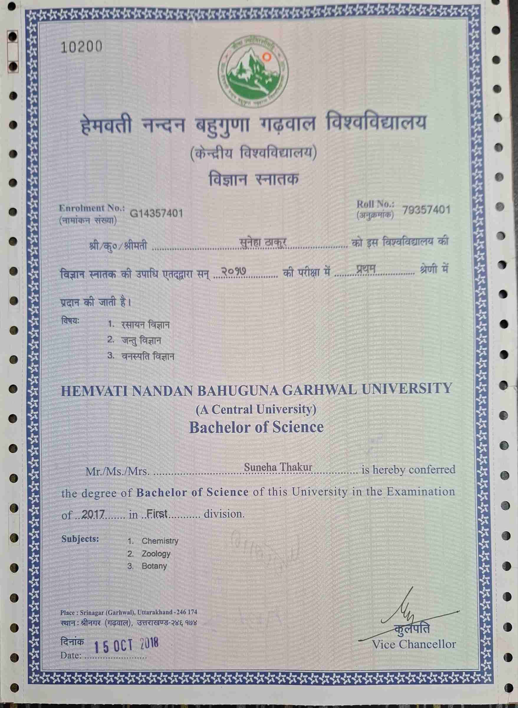Suneha graduated from Uttarakhand Open University