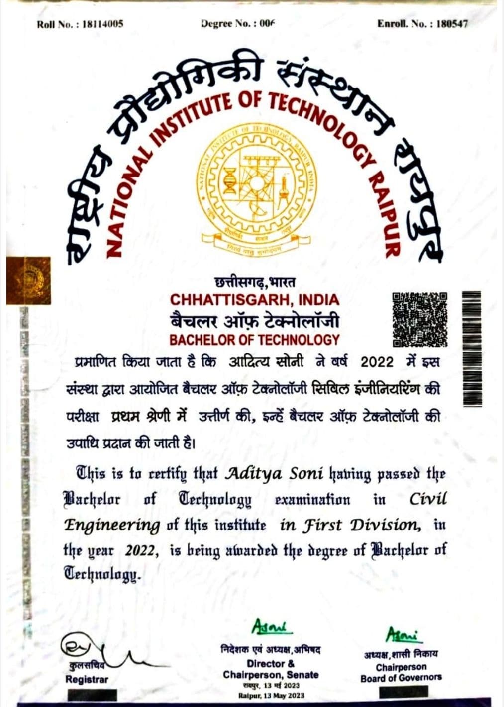 Aditya graduated from National Institute of Technology Raipur