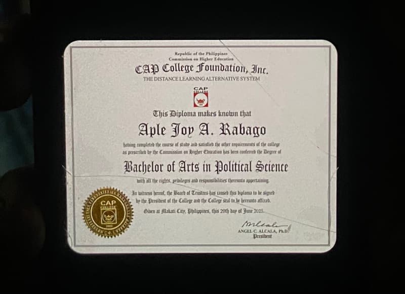 Aple Joy graduated from Cap college