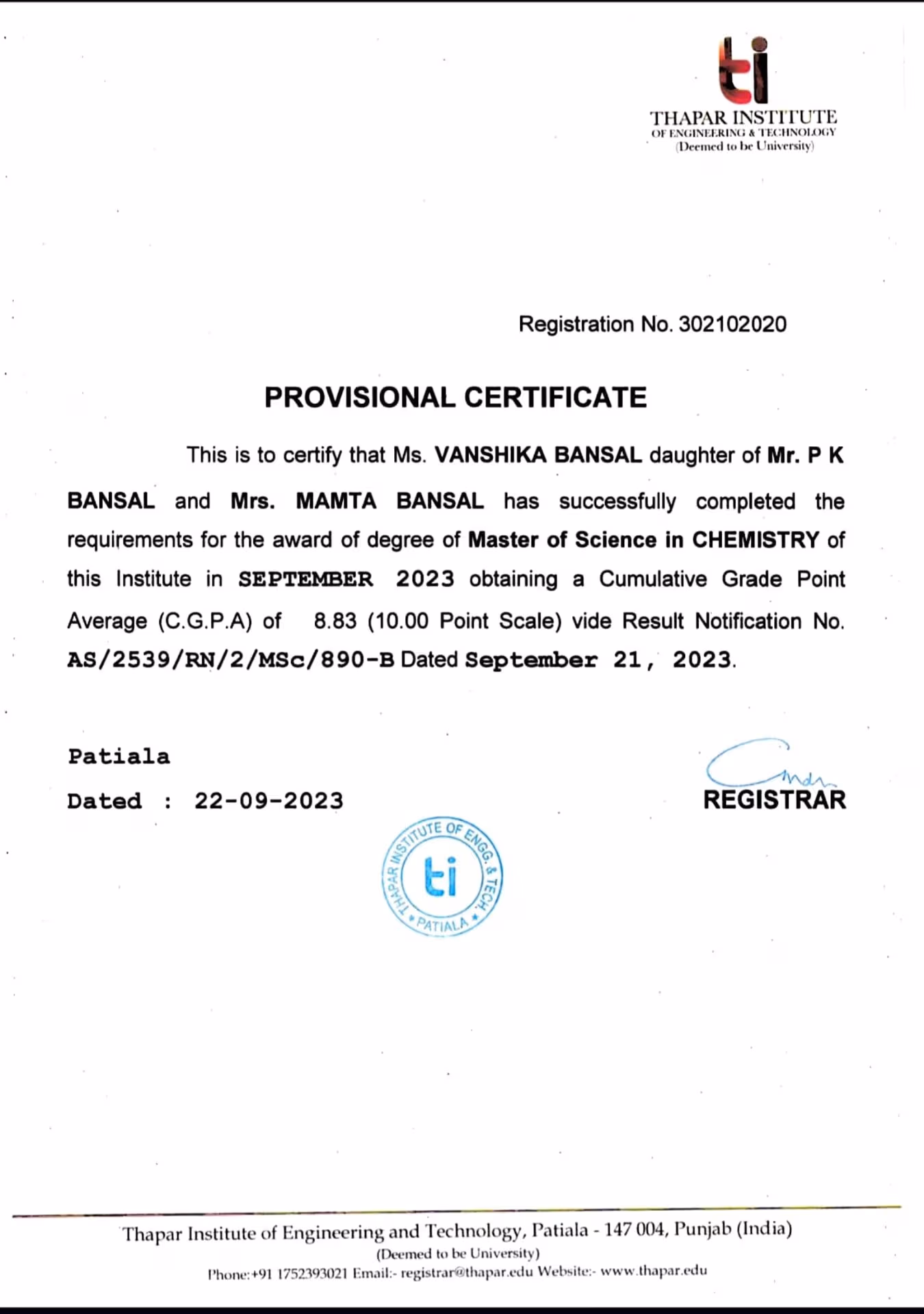 Vanshika graduated from Thapar Institute of Engineering & Technology