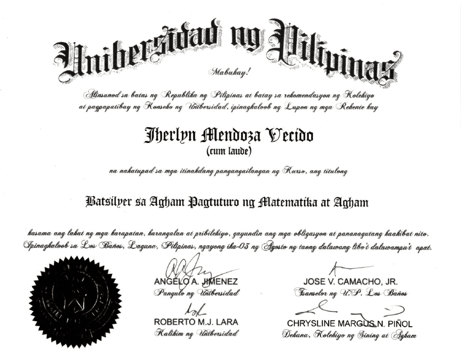 Jherlyn graduated from University of the Philippines Los Baños