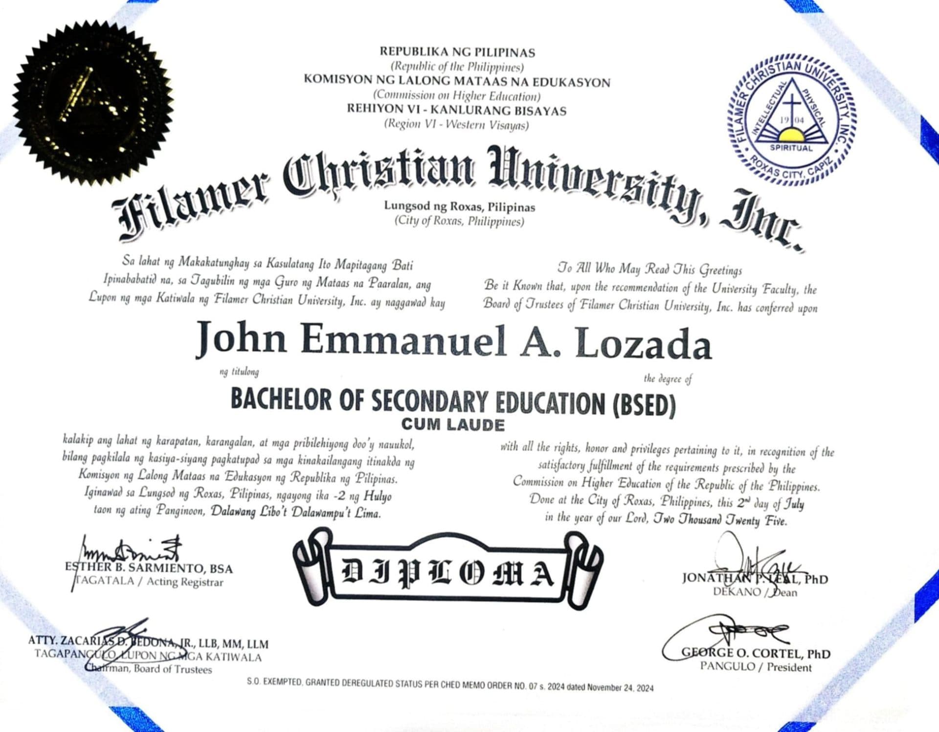John Emmanuel graduated from Filamer Christian University Inc.